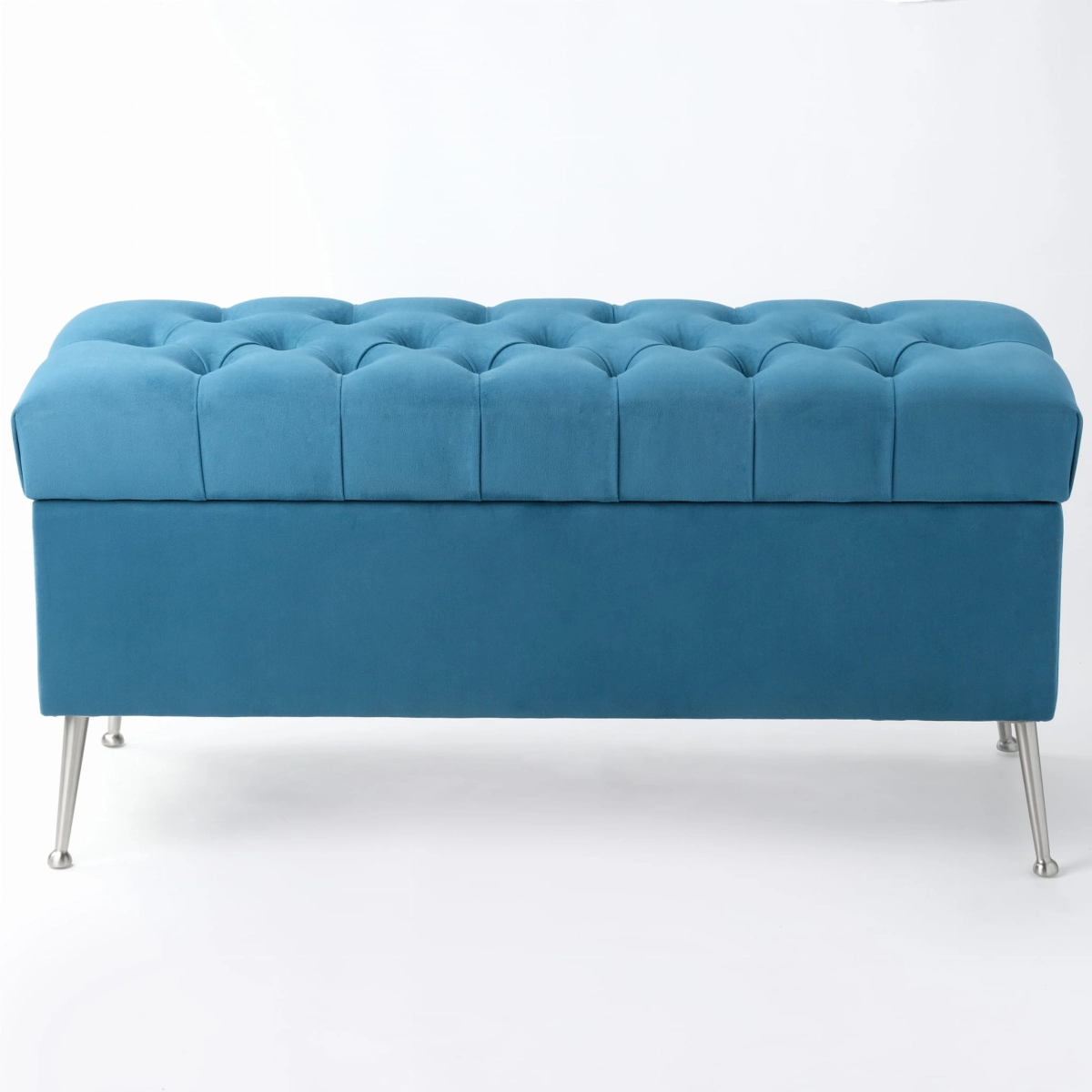 Pouf moderno trapuntato blu con portaoggetti, su gambe in metallo