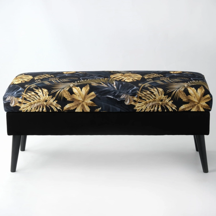Pouf contenitore con rivestimento in foglia d'oro e gambe nere