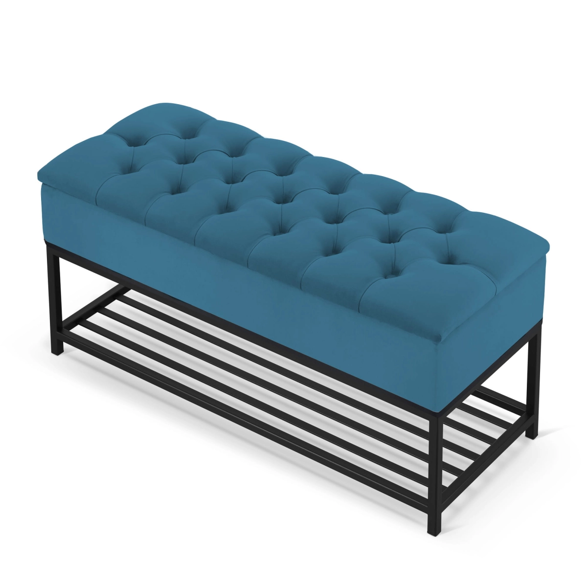 Pouf industriale in verde mare con trapuntatura e vano portaoggetti