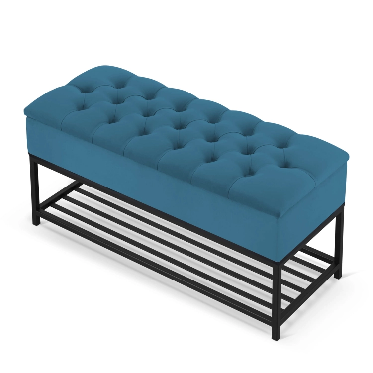 Pouf industriale in verde mare con trapuntatura e vano portaoggetti