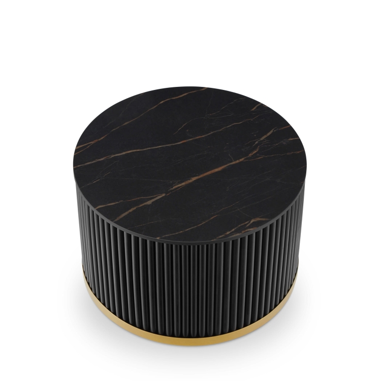 tavolo rotondo nero con piano in pietra e base originale scanalata