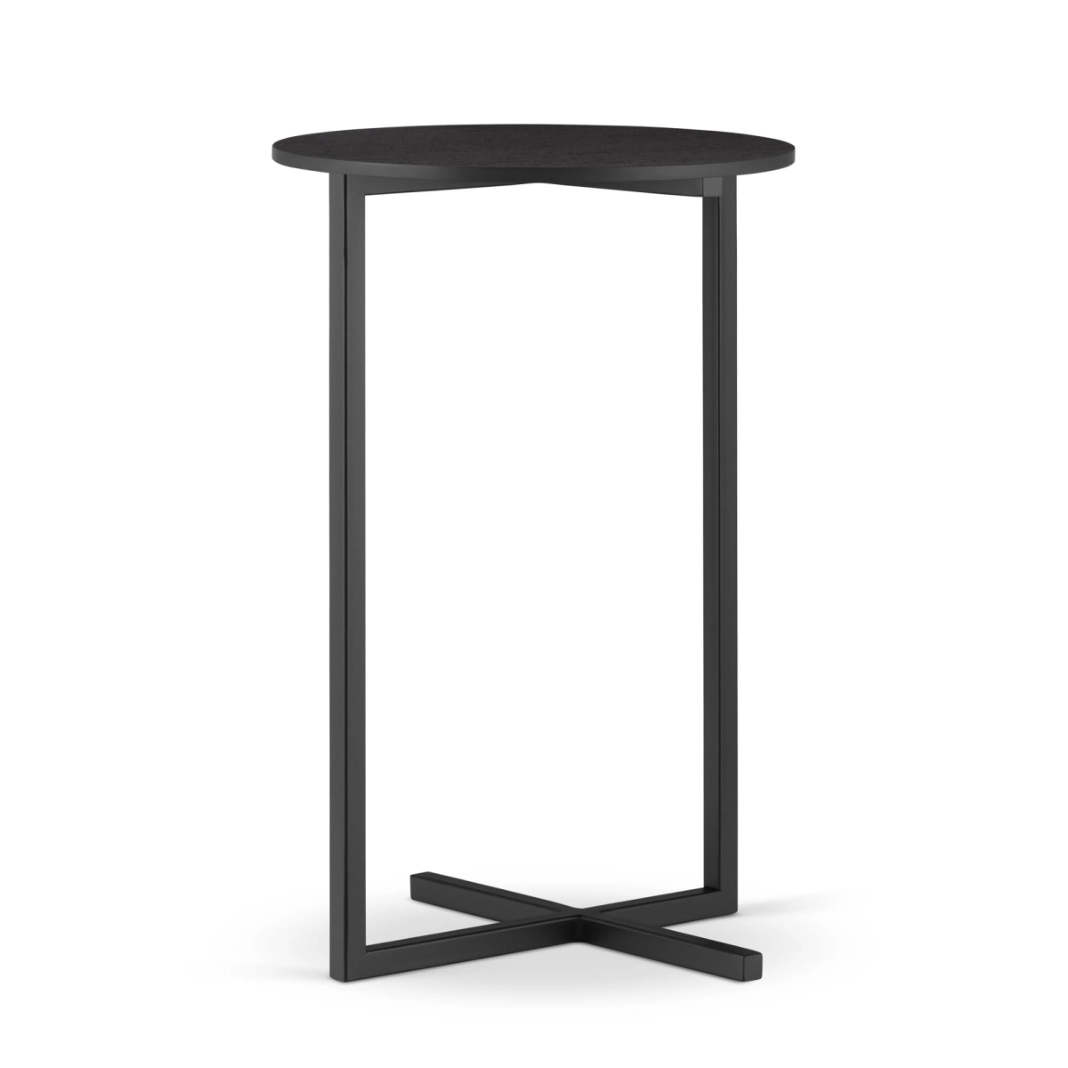 Elegante tavolo ausiliario rotondo in nero con base in acciaio