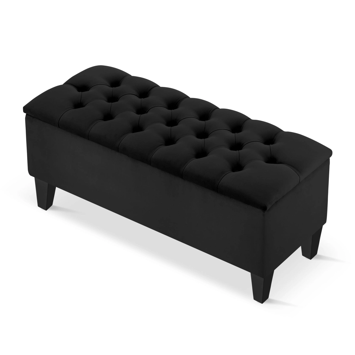 Elegante pouf trapuntato nero con contenitore, ideale per il soggiorno o la camera da letto