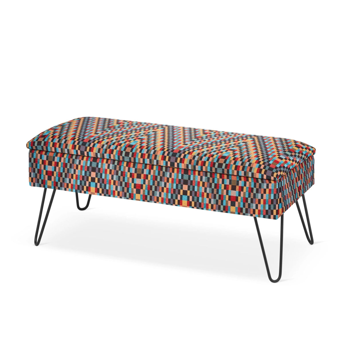 Pouf colorato con contenitore e gambe a spillo