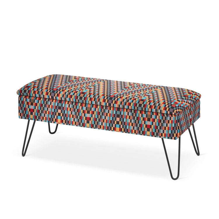 Pouf colorato con contenitore e gambe a spillo