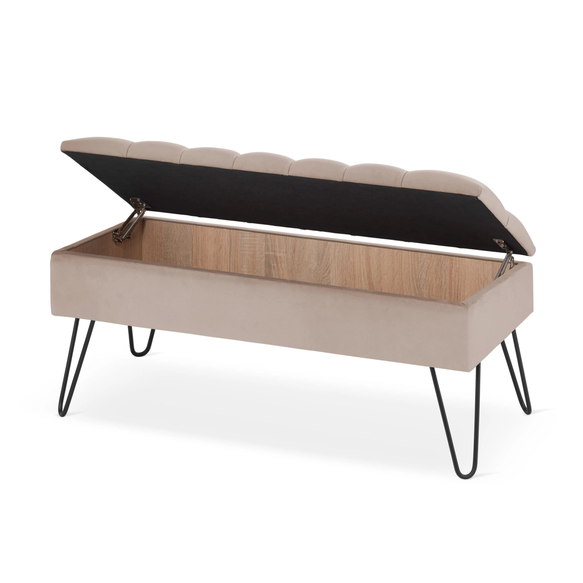 Elegante pouf latte con contenitore e gambe a perno