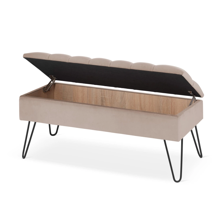 Elegante pouf latte con contenitore e gambe a perno