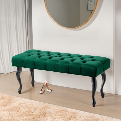 Panca trapuntata verde bottiglia con gambe nere