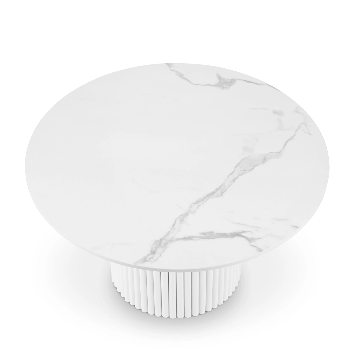 Tavolo rotondo bianco con piano in pietra e base scanalata