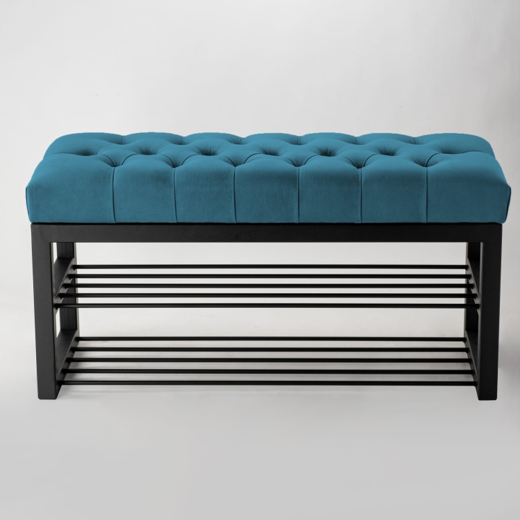 Panca industriale da ingresso con seduta blu e scarpiera in metallo nero