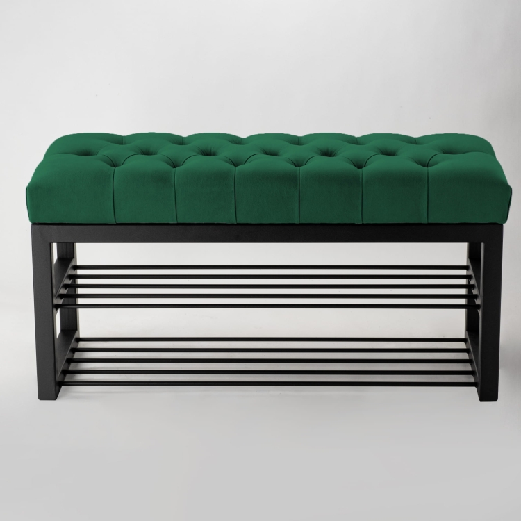 panca industriale trapuntata con ripiani in metallo