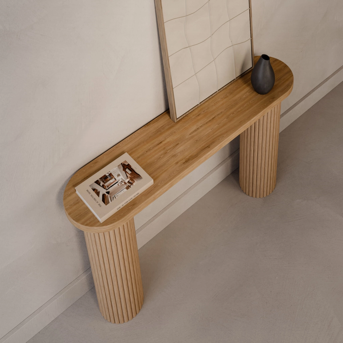 Consolle in legno con gambe scanalate, ideale per l'ingresso