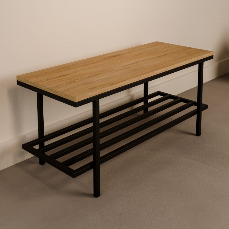 Panca industriale moderna con piano in legno su struttura in acciaio