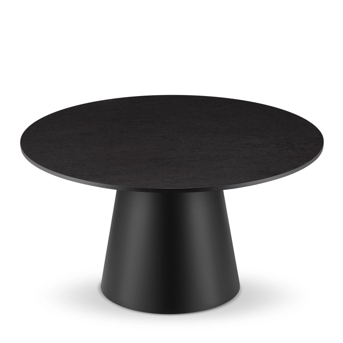 Tavolino nero con piano in pietra e base rotonda in acciaio, elegante e resistente