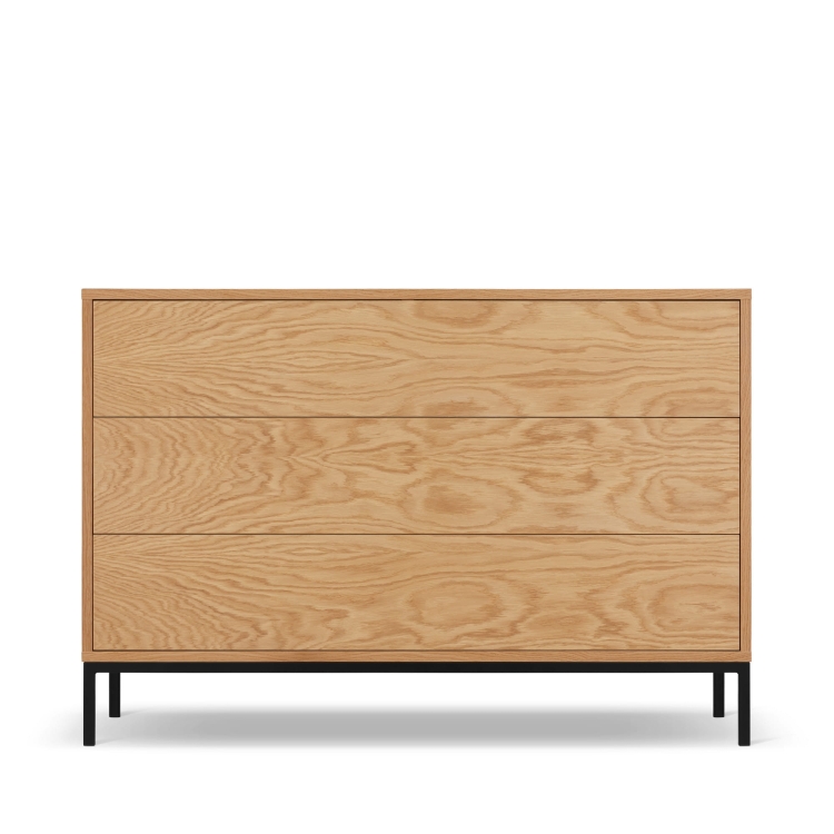Komoda z drewna dębowego z szufladami i stalowymi nogami, trwała i elegancka
