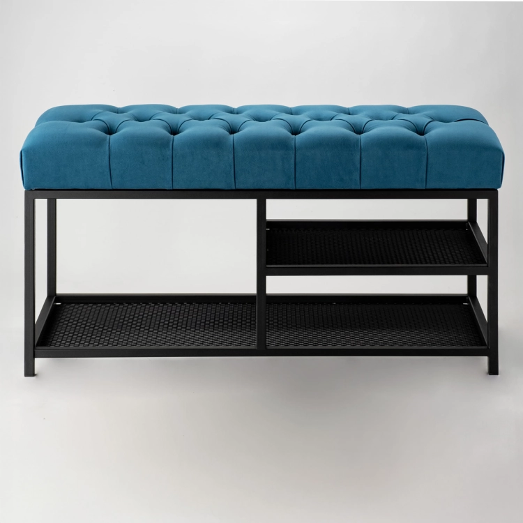 Panca trapuntata in metallo blu in stile loft con ripiani portaoggetti