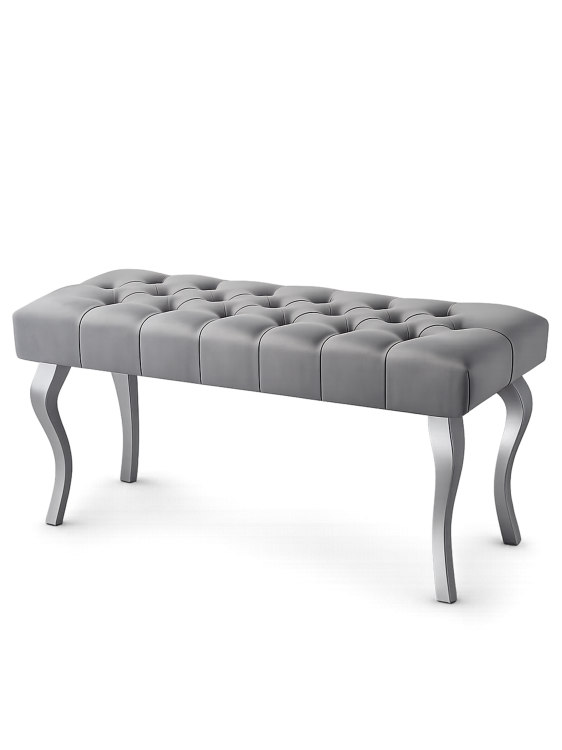Szara pikowana ławka z chromowanymi nogami