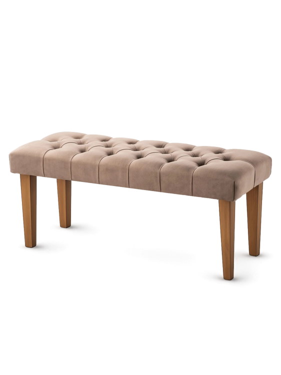 Panca trapuntata marrone con gambe in legno naturale