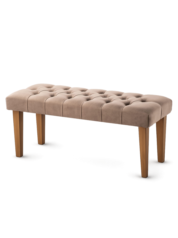 Panca trapuntata marrone con gambe in legno naturale