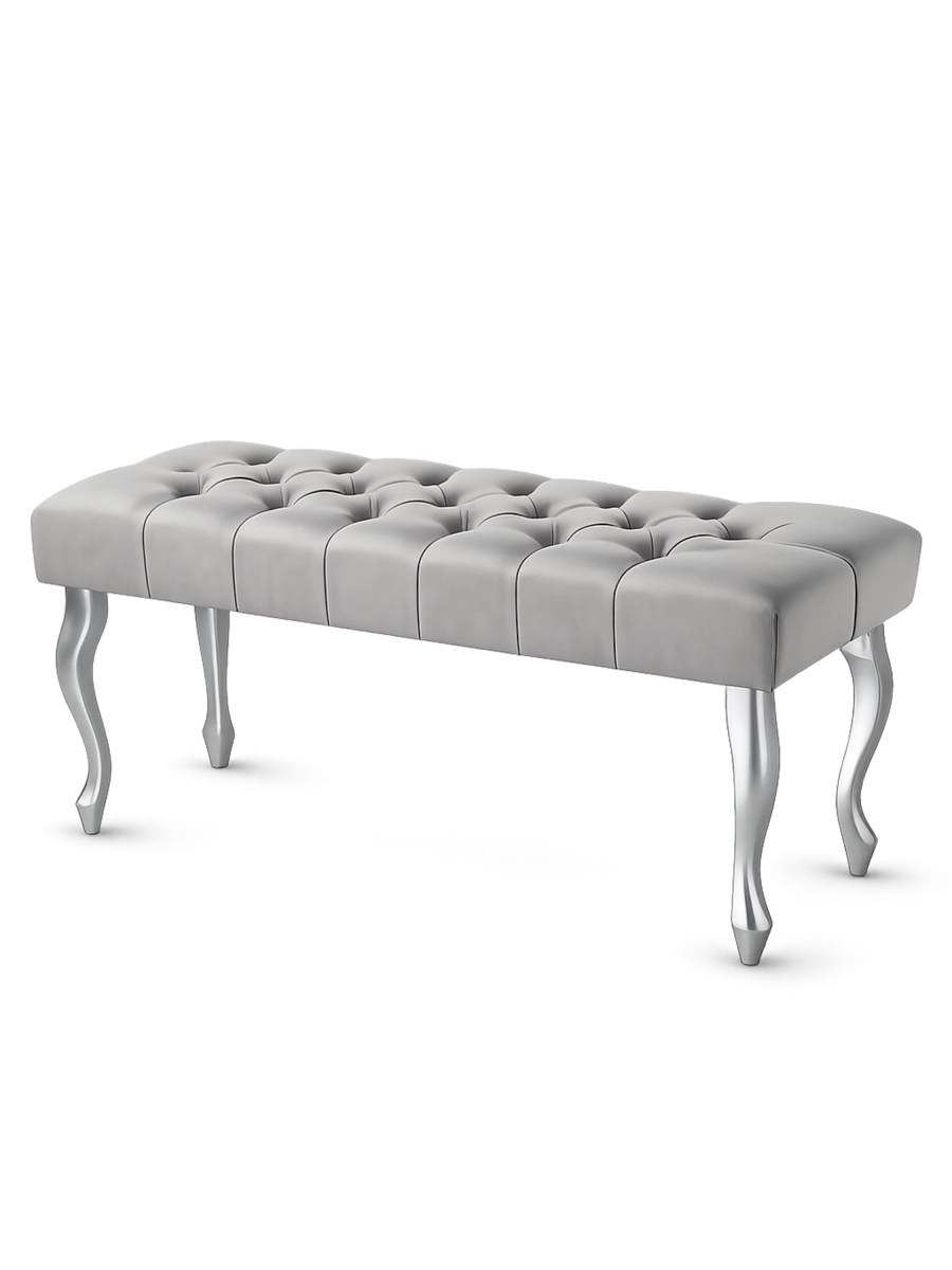 Panca imbottita in grigio con graziose gambe argentate