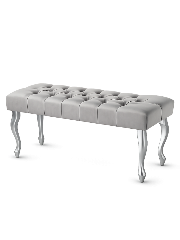 Panca imbottita in grigio con graziose gambe argentate