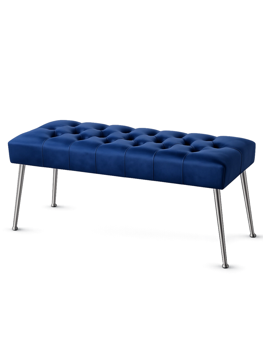 Panca trapuntata blu navy con gambe in metallo, perfetta per interni in stile loft