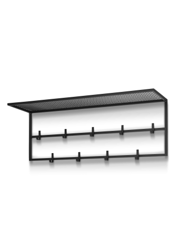 czarny wieszak z półką na ścianę do przedpokoju z pikowaną ławką