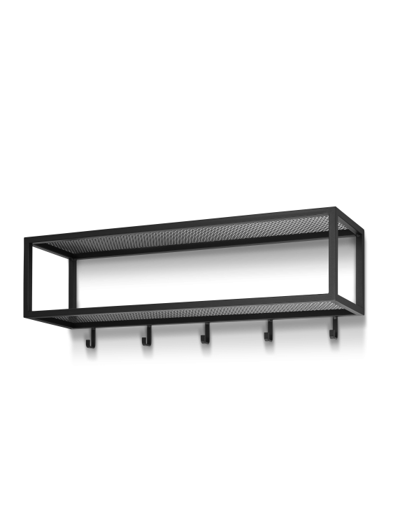 Stylowy czarny wieszak metalowy z górną półką