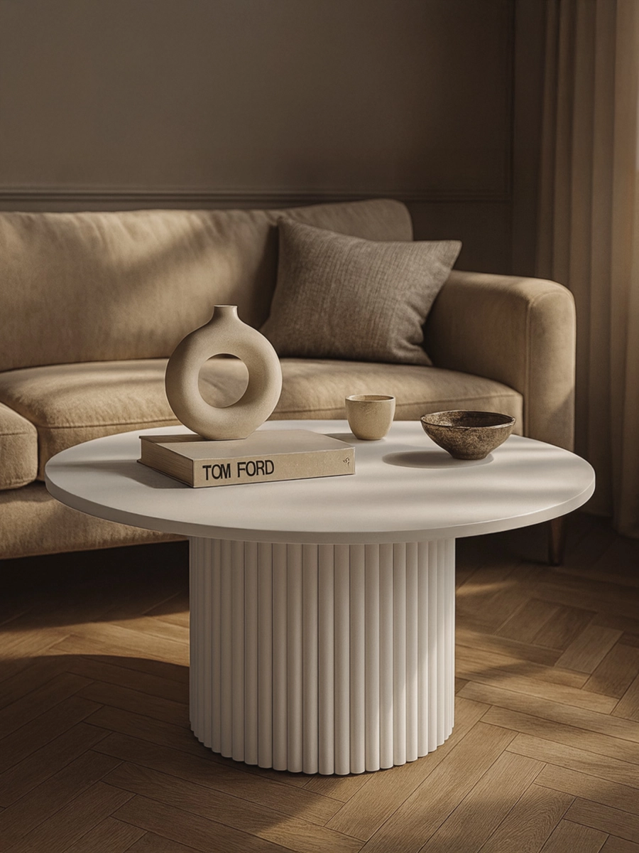 Tavolino rotondo bianco con gamba scanalata decorativa per interni luminosi e ariosi