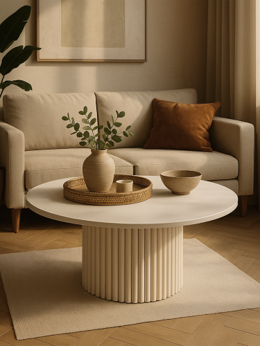 tavolino rotondo beige con base scanalata