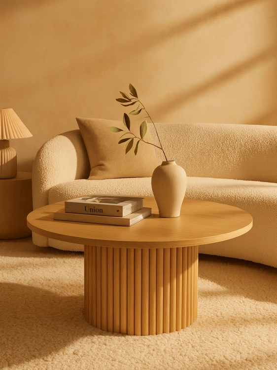Tavolino rotondo in legno con base scanalata decorativa