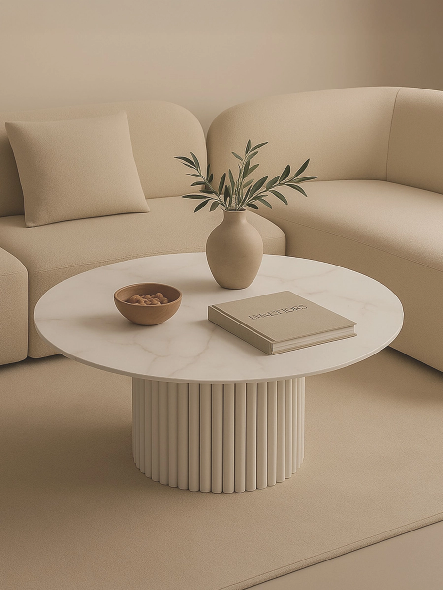 Tavolo rotondo bianco con piano in pietra e base originale scanalata