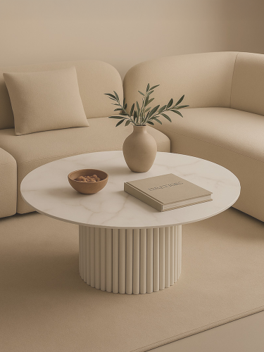 Tavolo rotondo bianco con piano in pietra e base originale scanalata