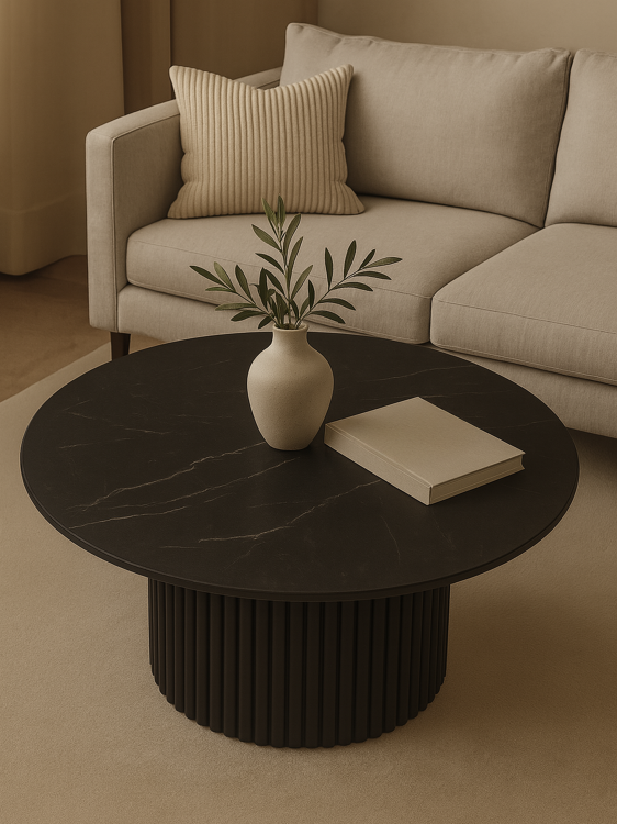 Czarny okrągły stolik z kamiennym blatem i ryflowaną podstawą