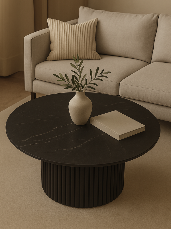 Elegante tavolo nero con piano in pietra e base scanalata per un interno elegante