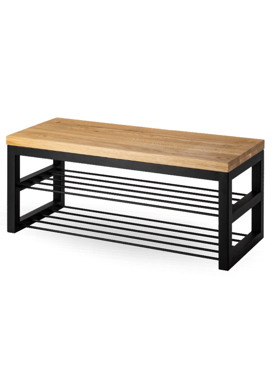 Panca industriale con piano in legno e base in metallo