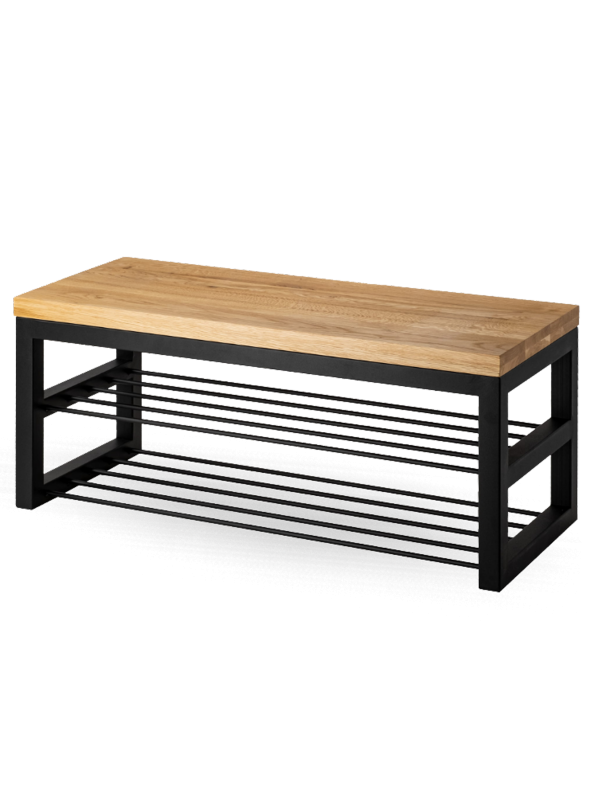 Panca industriale con piano in legno e base in metallo