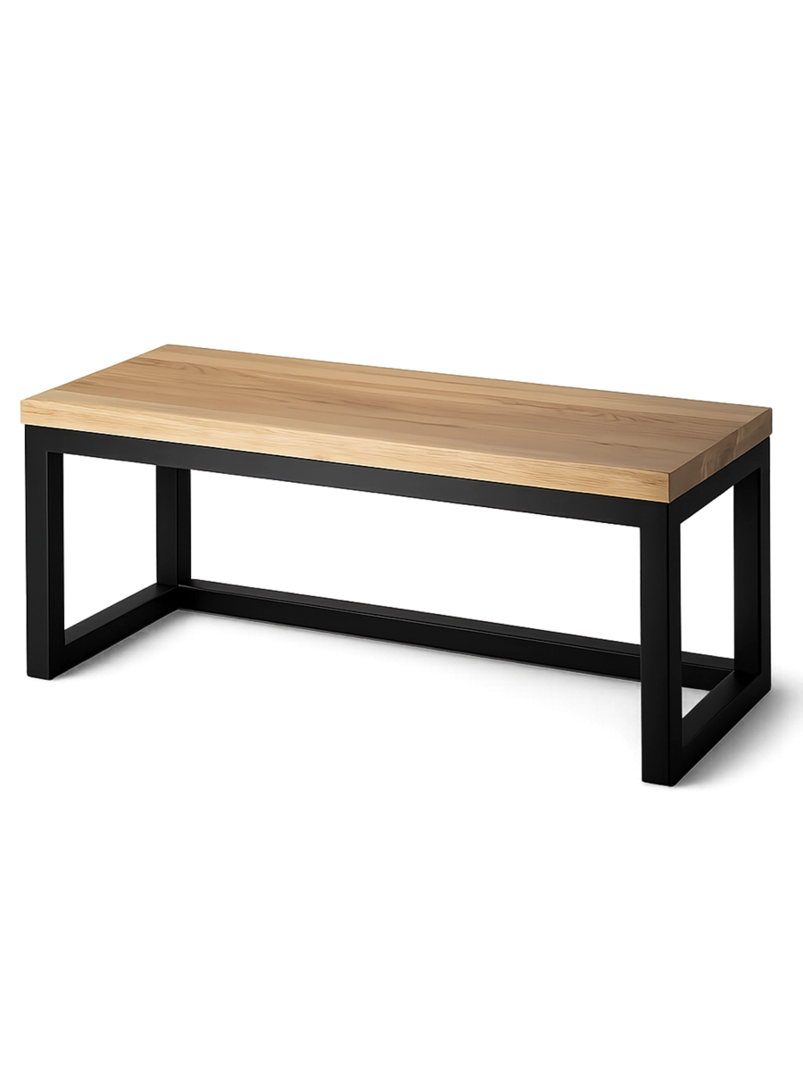 Panca industriale con piano in legno e base in metallo