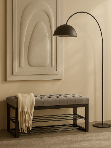 Sitzbank für ein Zimmer im Industriestil in Grau und mit Stahlregalen