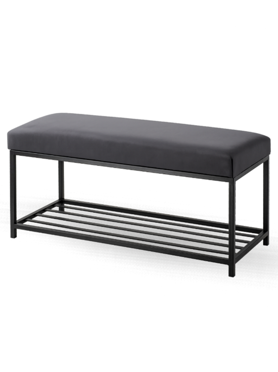 Graphitfarbene gepolsterte Bank mit Metallgestell und Schuhregal