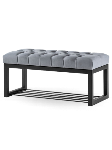 Gesteppte Bank in Grau mit Schuhregal aus Metall