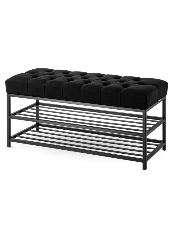 Gesteppte Industriebank in Schwarz mit Metallablagen