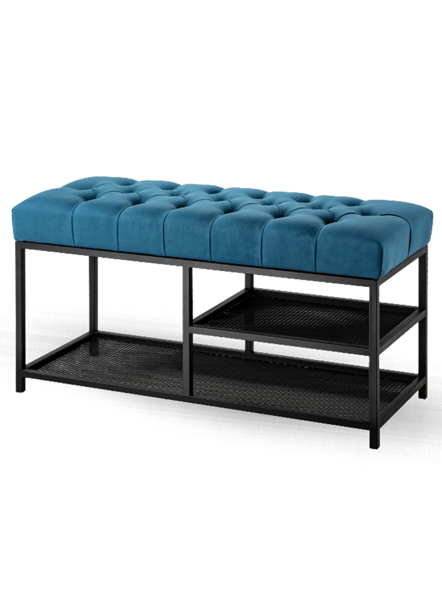 Panca trapuntata in metallo blu in stile loft con ripiani portaoggetti