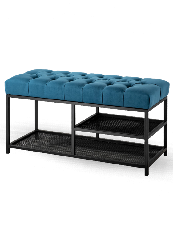 Industrielle Flurbank mit blauer Sitzfläche und schwarzen Schuhregalen aus Metall