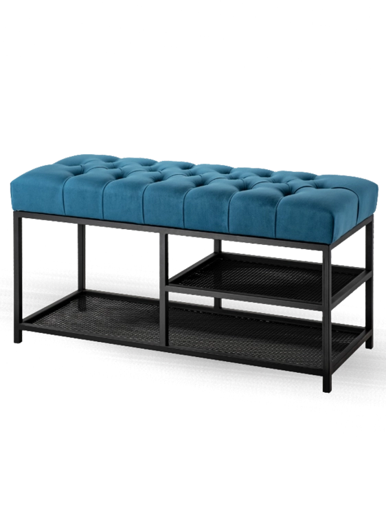 Panca trapuntata in metallo blu in stile loft con ripiani portaoggetti