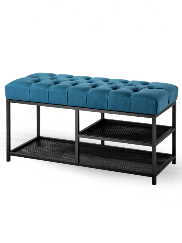 Panca trapuntata in metallo blu in stile loft con ripiani portaoggetti
