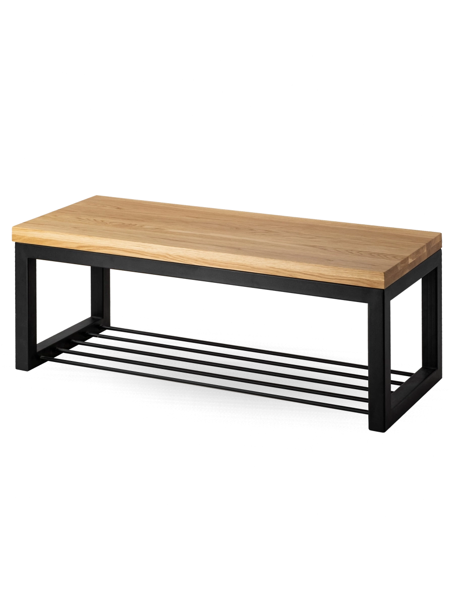 Industrielle Bank mit Holzplatte und Metallregal