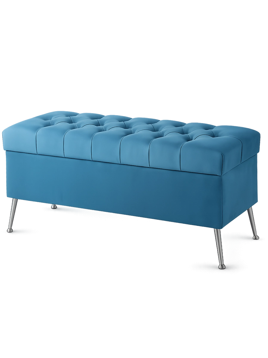 Moderner blauer Pouf mit Steppung und Stauraum, auf Metallbeinen stehend