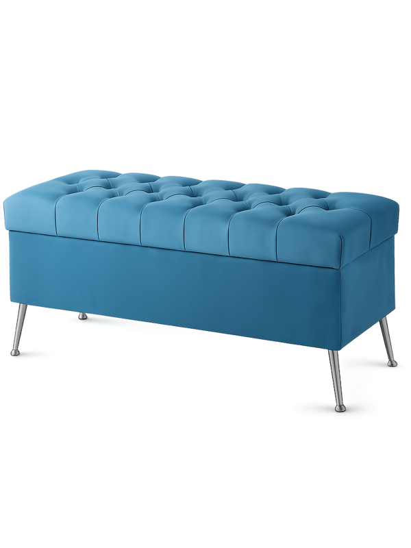 Moderner blauer Pouf mit Steppung und Stauraum, auf Metallbeinen stehend