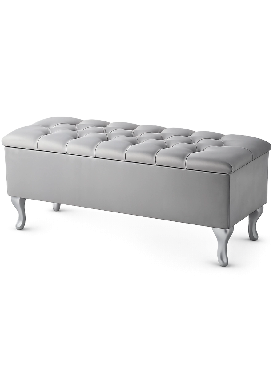 Pouf trapuntato grigio con contenitore, spazio comodo e funzionale